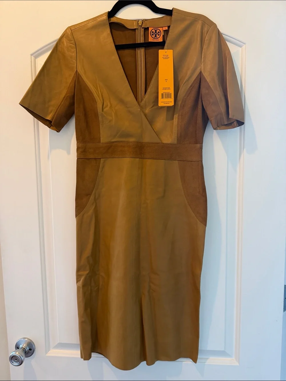 Tory Burch Camel/Tan Leather V-Neck Sheath Dress